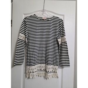 Toffee Apple Women Medium Black White Striped Lace Trim Long Sleeve Top Casual